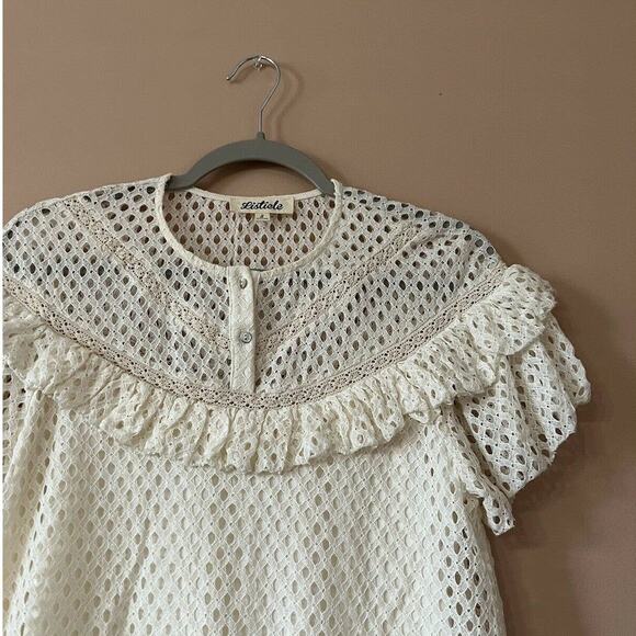 listicle Ivory Textured Woven Halter Neck mini dress Ruffle Sz S Short Sleeve - Picture 3 of 11